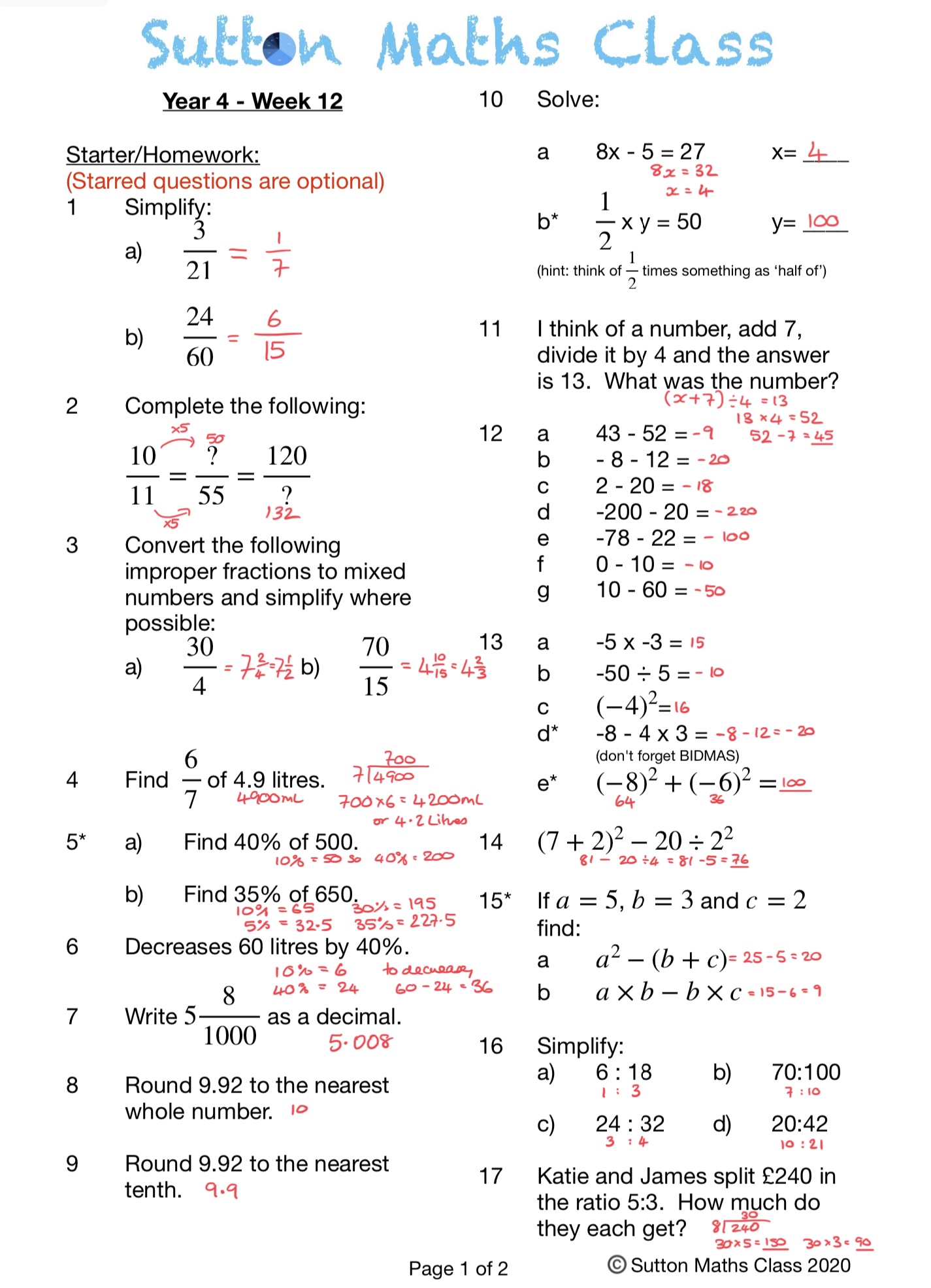 Year 4 Week 12 Homework and Answers – 11+ Maths & NVR Tuition Sutton ...