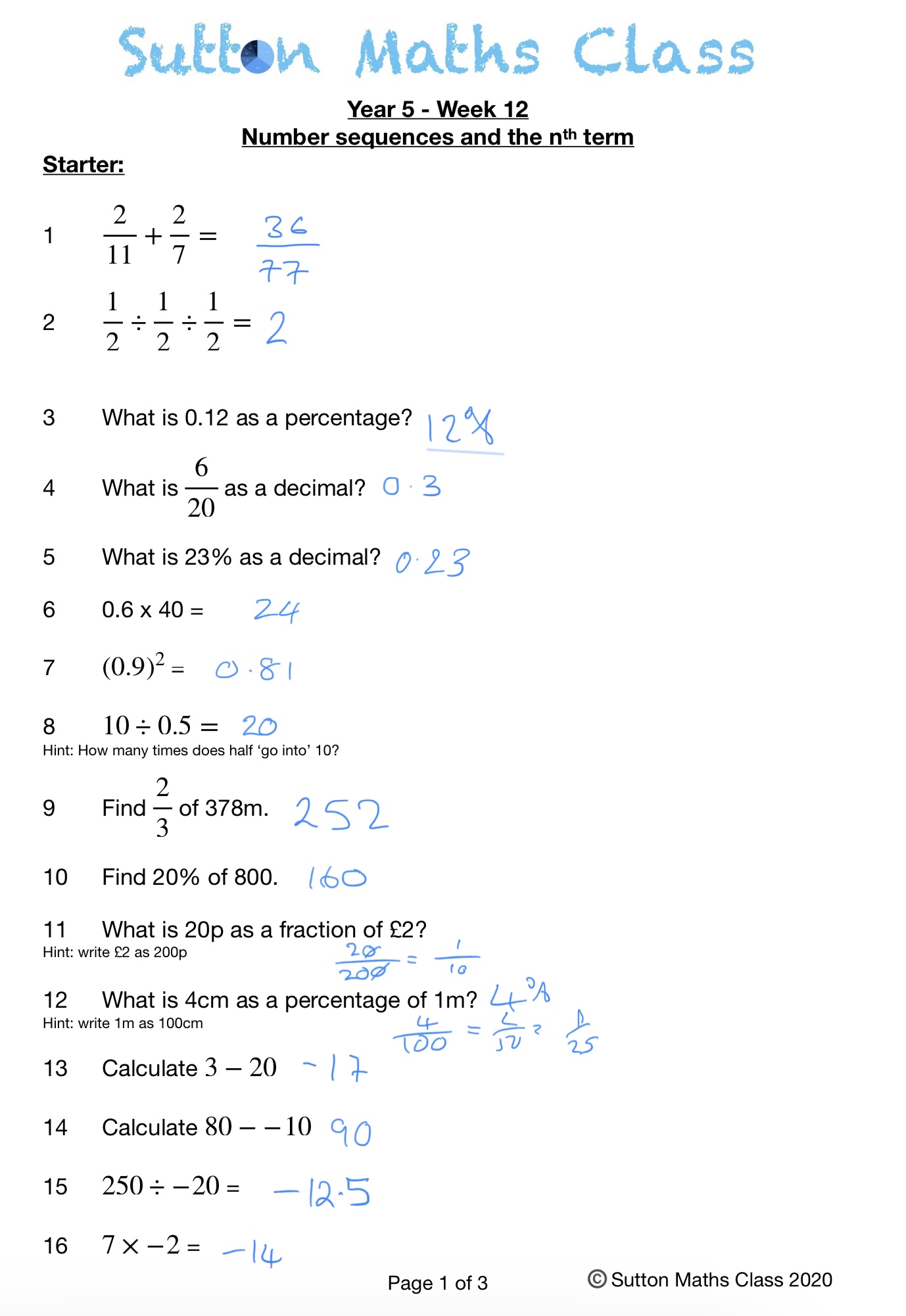 Year 5 Week 12 Homework and Answer – 11+ Maths & NVR Tuition Sutton ...